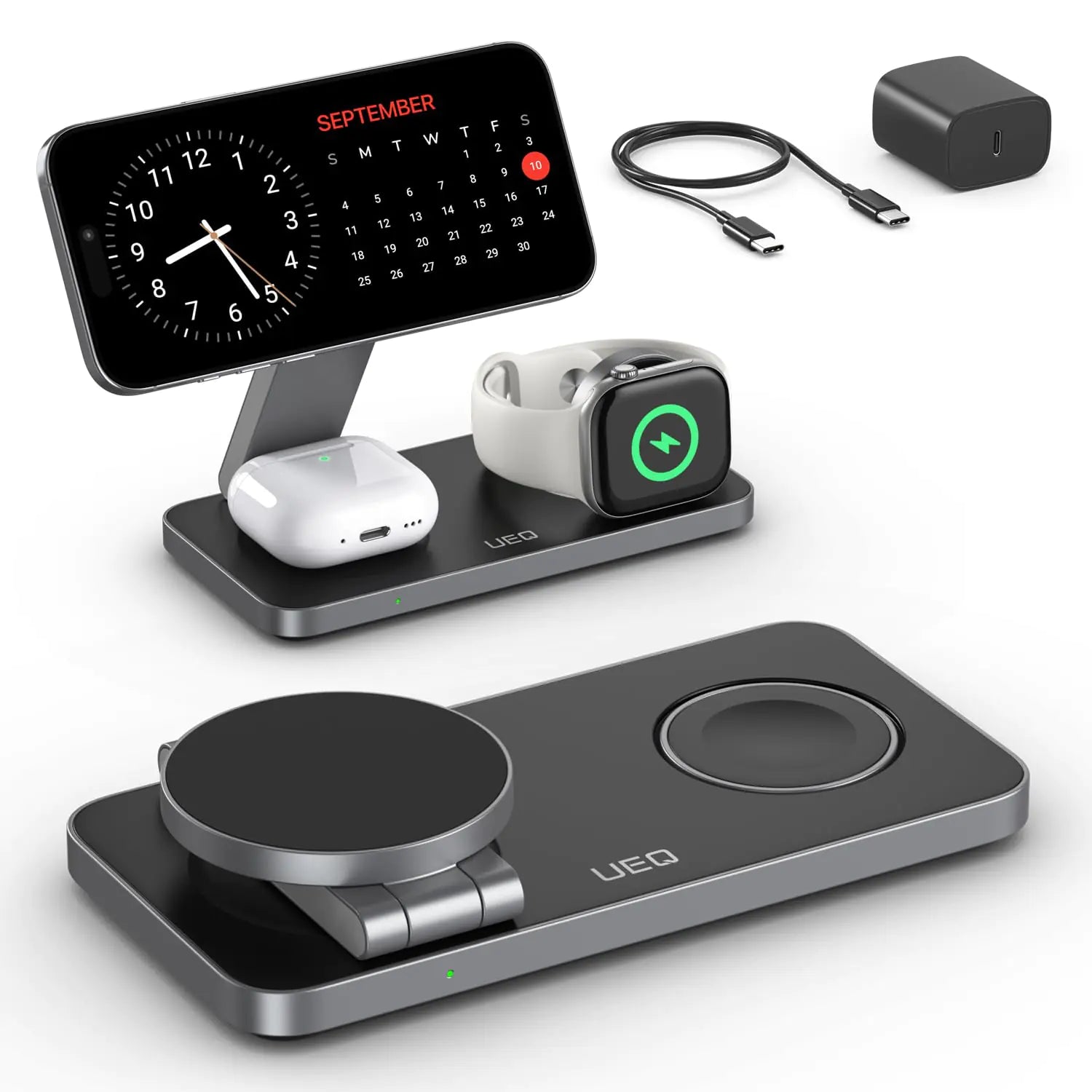 Estación de carga inalámbrica 3 en 1 plegable para Apple, compatible con soporte de cargador Magsafe, estación de cargador inalámbrico magnético para iPhone 16 15 14 13 12, Airpods Pro, Apple Watch (Negro Carbón)